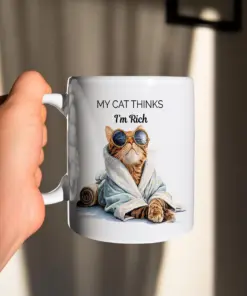 Funny Cat Mug – My Cat Thinks I’m Rich Coffee Cup – Ceramic Gift for Cat Lovers