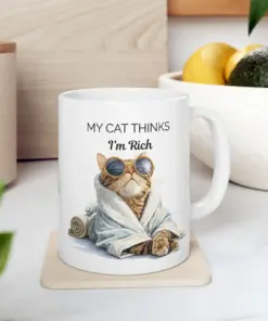 Alternative view of Funny Cat Mug – My Cat Thinks I’m Rich Coffee Cup – Ceramic Gift for Cat Lovers